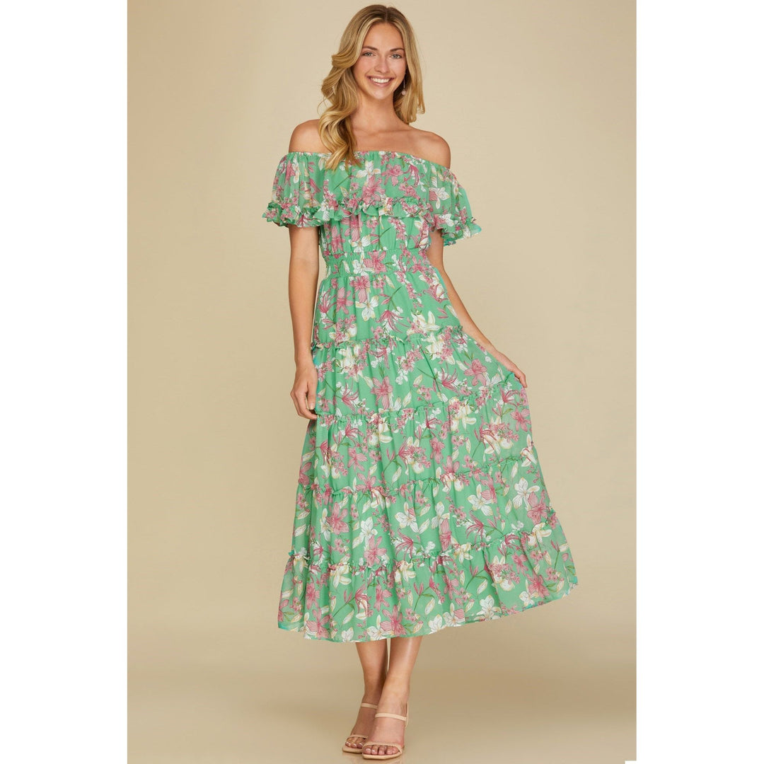 Women's Dresses - Off Shoulder Ruffled Woven Print Midi Dress - Jade - Cultured Cloths Apparel