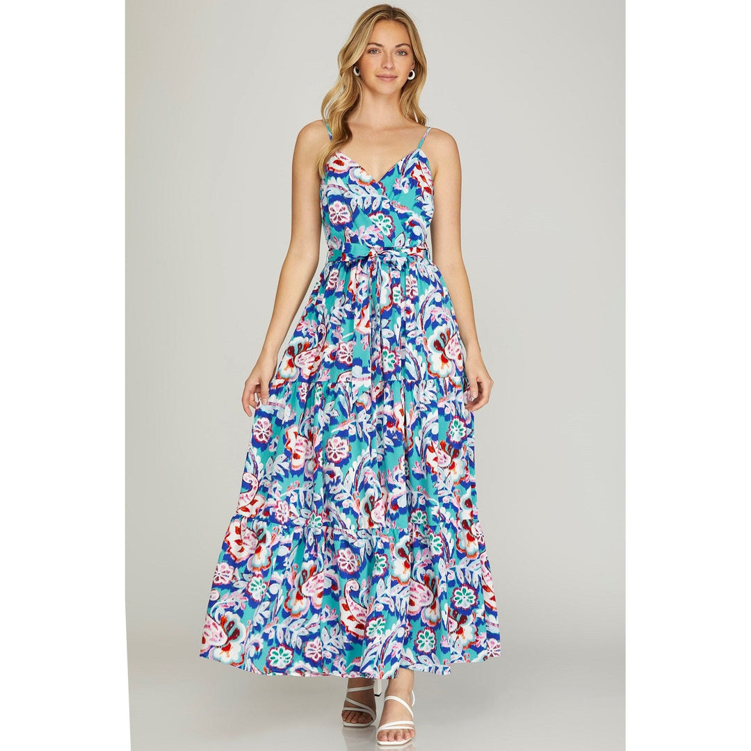 Women's Dresses - Surplice Cami Print Tiered Maxi Dress - Aqua Blue - Cultured Cloths Apparel