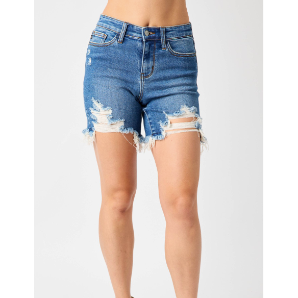 Women's Shorts - Judy Blue Mid Rise Destroy Fray Hem Shorts - MD Blue - Cultured Cloths Apparel