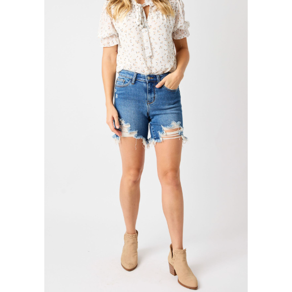 Women's Shorts - Judy Blue Mid Rise Destroy Fray Hem Shorts -  - Cultured Cloths Apparel