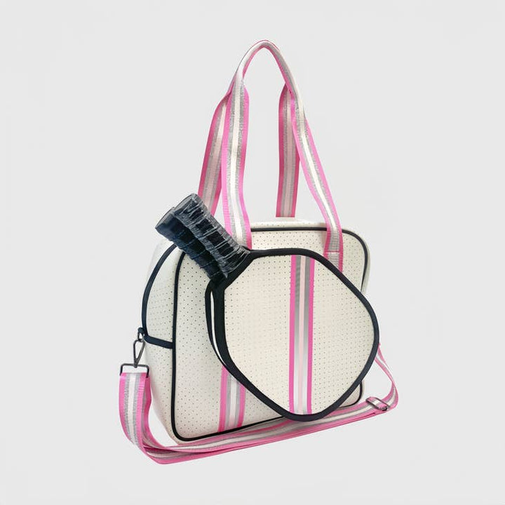 Handbags - Neoprene Crossbody Sling Pickleball Bag Tote White/Silver/Pink -  - Cultured Cloths Apparel