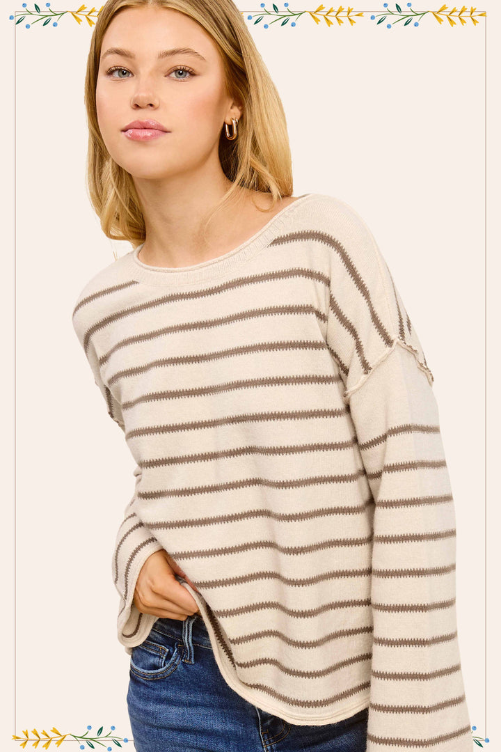 Women's Sweaters - Striped Round Neck Loose Fit Long Sleeve Sweater -  - Cultured Cloths Apparel