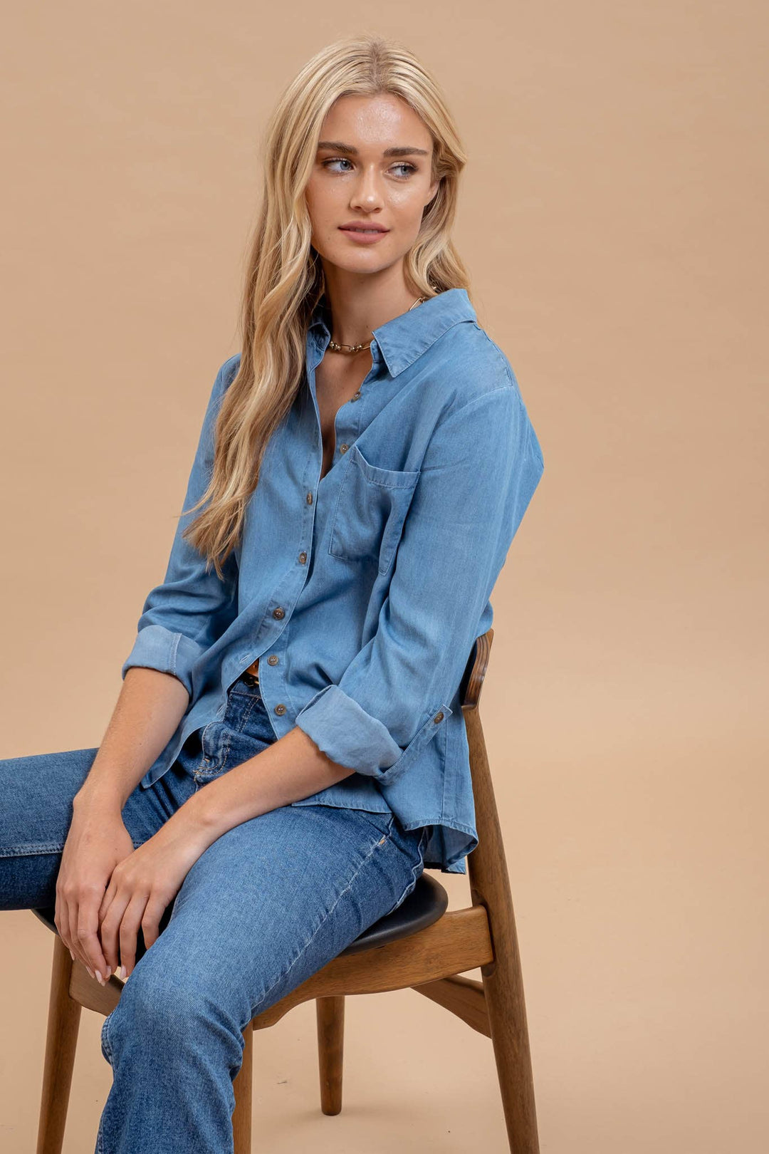 Women's Long Sleeve - TAB SLEEVE COLLARED BUTTON DOWN CHAMBRAY TOP -  - Cultured Cloths Apparel