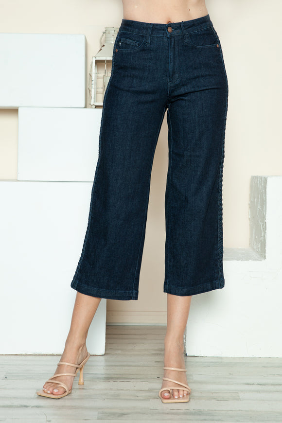 Denim - Judy Blue Full Size Side Seam Braid Detail Crop Wide Leg Jeans - Dark - Cultured Cloths Apparel