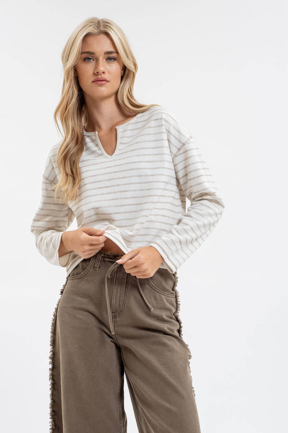  - STRIPE SPLIT NECK LONG SLEEVE MARLED KNIT TOP - CREAM - Cultured Cloths Apparel