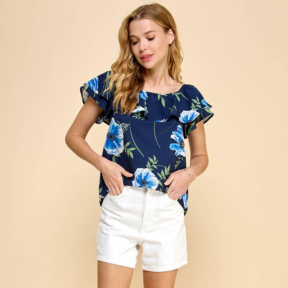 Women's Short Sleeve - Floral Printed Off Shoulder Top - Navy - Cultured Cloths Apparel