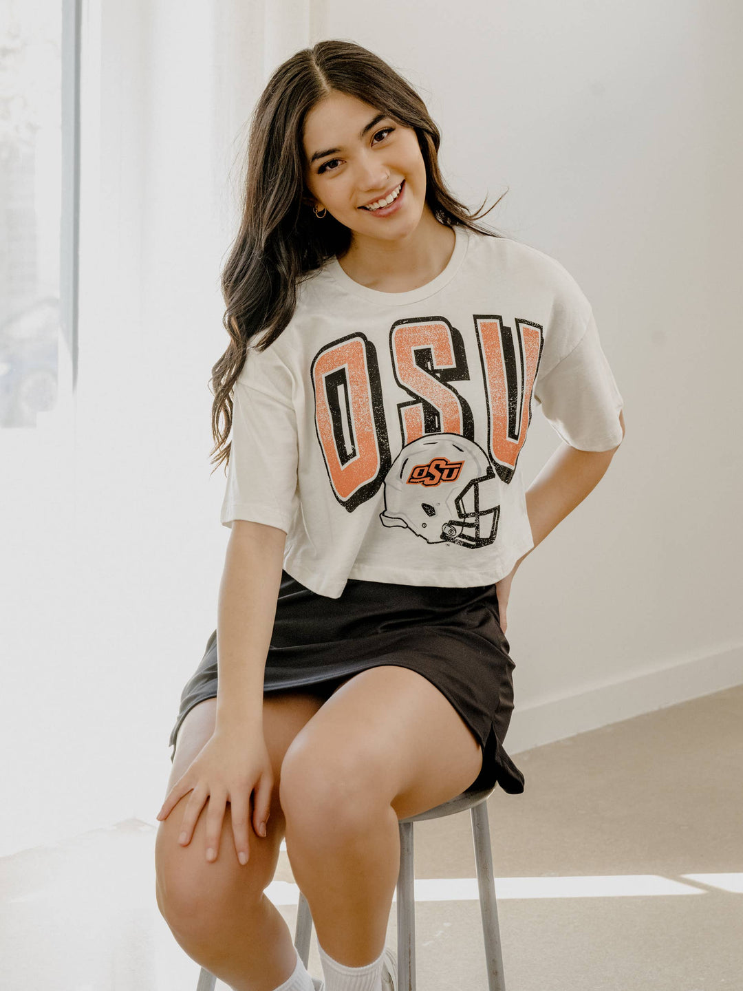 Graphic T-Shirts - OSU Cowboys Helmet Fade Off White Cropped Tee -  - Cultured Cloths Apparel