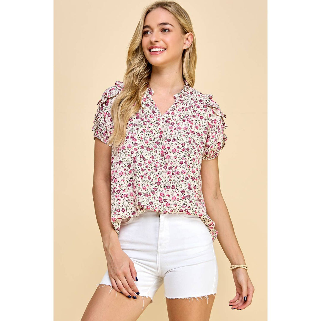 Women's Short Sleeve - Floral Printed Ruffled Sleeves Top - Ecru - Cultured Cloths Apparel