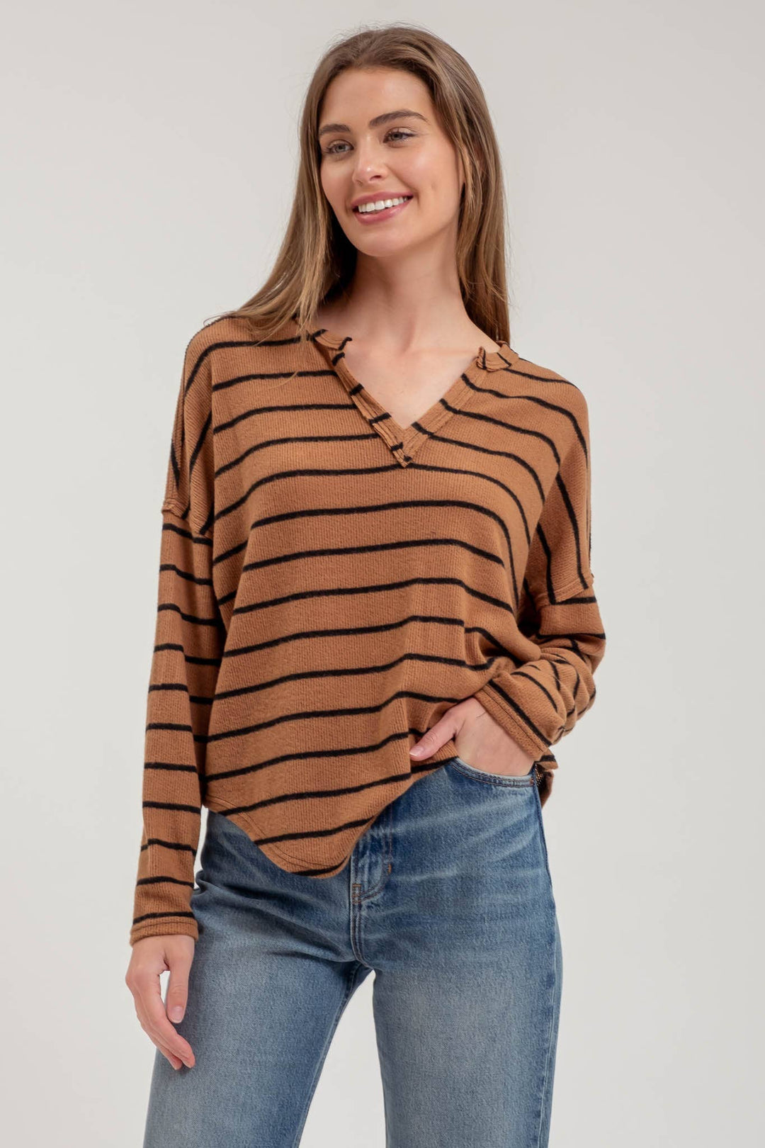 Women's Sweaters - STRIPE EXPOSED SEAM SPLIT NECK KNIT TOP: BROWN -  - Cultured Cloths Apparel