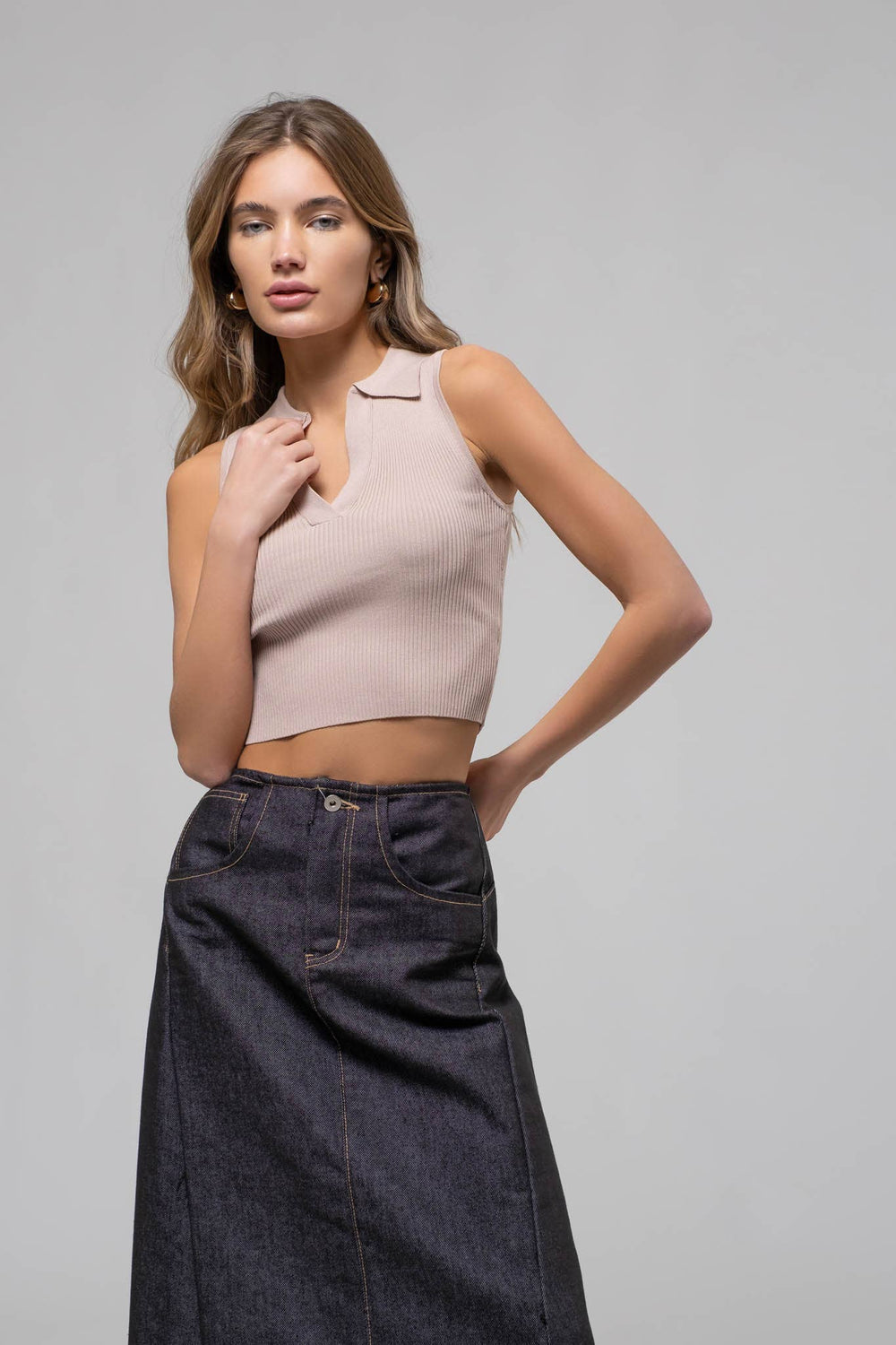 Women's Sleeveless - COLLARED SLEEVELESS SWEATER KNIT CROP TOP - LIGHT TAUPE - Cultured Cloths Apparel