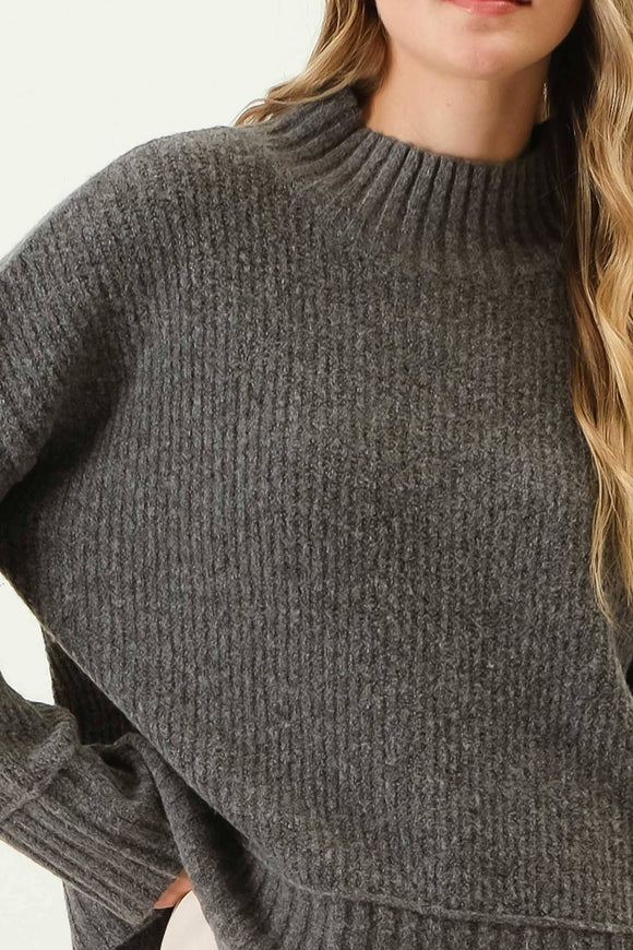 Women's Sweaters - MOCK NECK SPLIT HEM KNIT PULLOVER SWEATER - CHARCOAL - Cultured Cloths Apparel