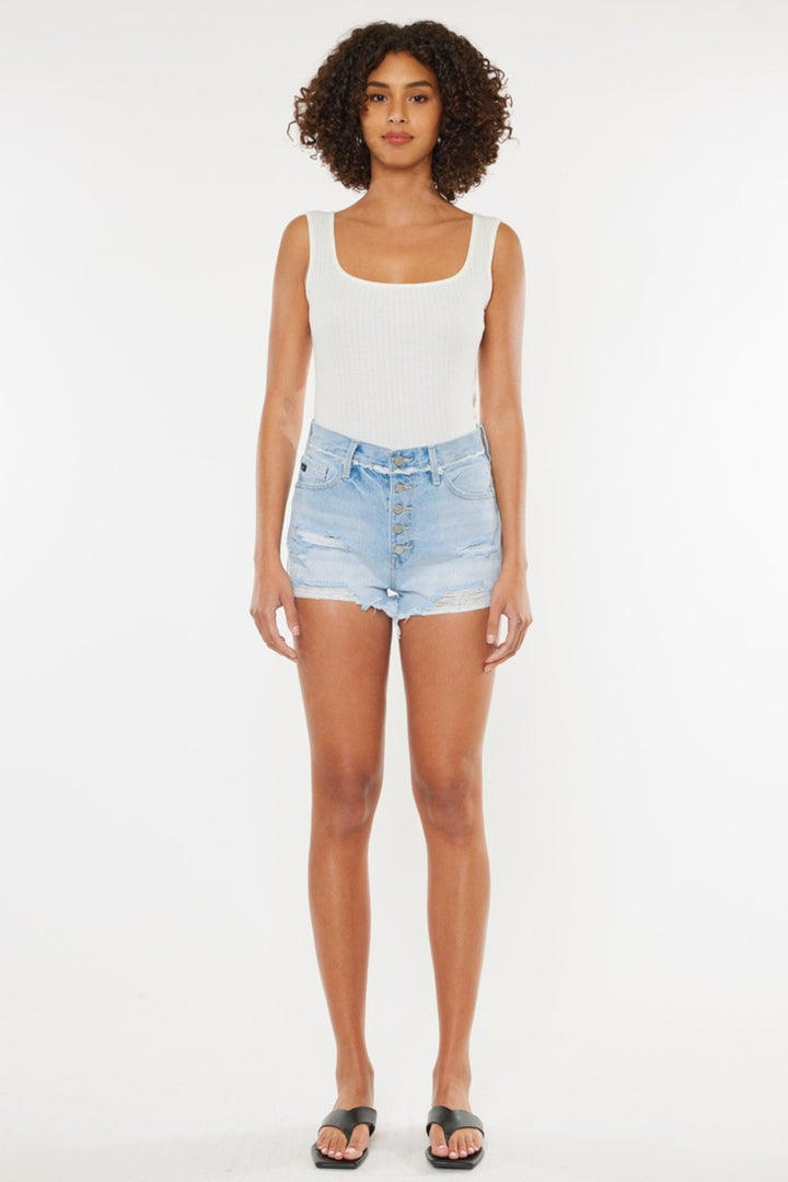 Denim - Kancan Distressed Button Fly Denim Shorts -  - Cultured Cloths Apparel