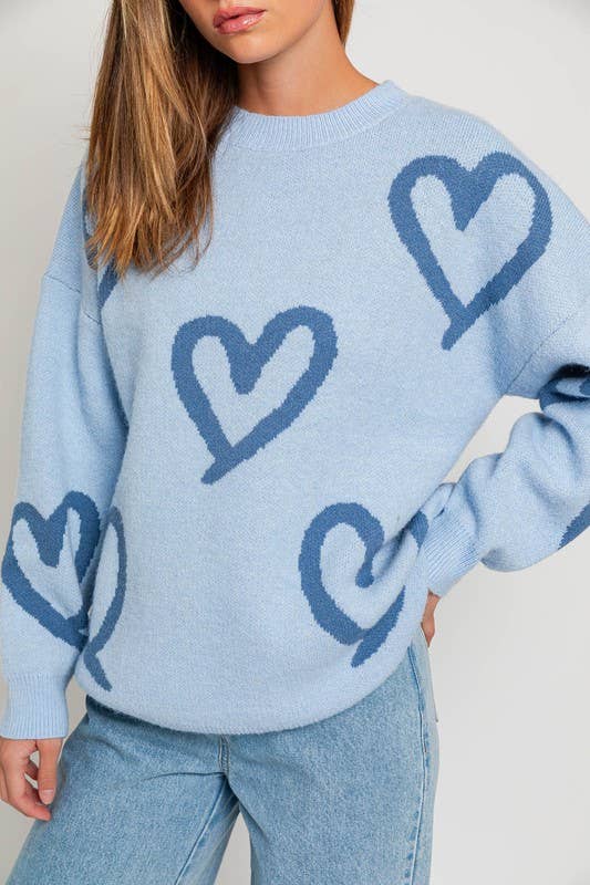 Women's Sweaters - Long Sleeve Round Neck Heart Printed Sweater -  - Cultured Cloths Apparel