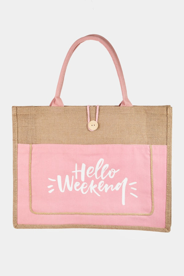 Handbags - Fame Hello Weekend Burlap Tote Bag - Pink - Cultured Cloths Apparel