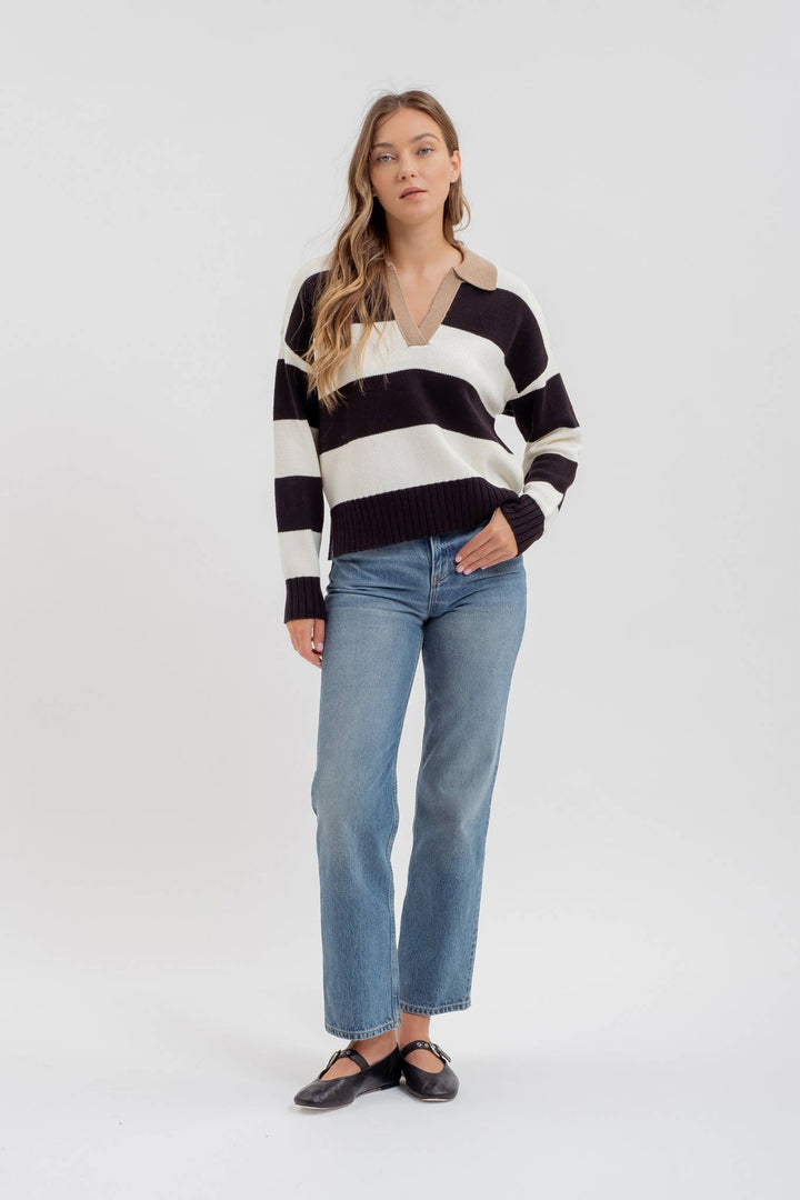 Women's Long Sleeve - STRIPE CONTRAST COLLAR LONG SLEEVE KNIT SWEATER -  - Cultured Cloths Apparel