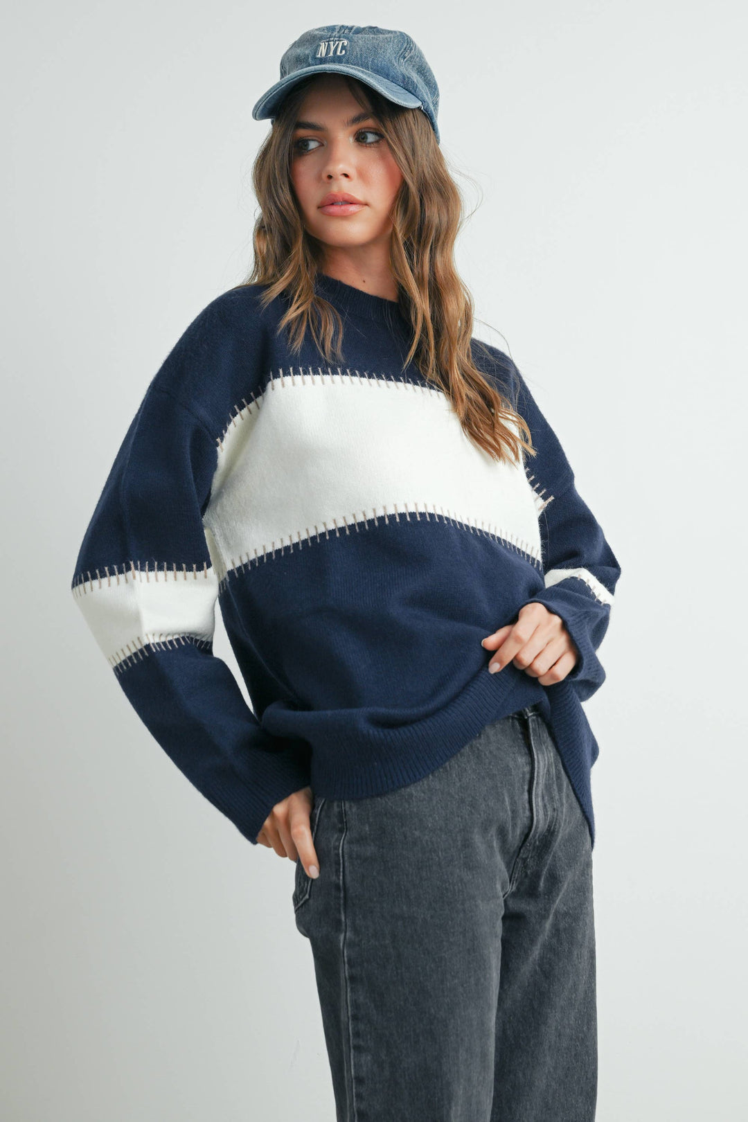 Women's Sweaters - COLOR BLOCK STRIPED CREW NECK SWEATER - - Cultured Cloths Apparel