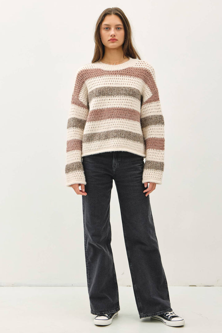 Women's Sweaters - CHUNKY CROCHET KNIT STRIPED SWEATER -  - Cultured Cloths Apparel