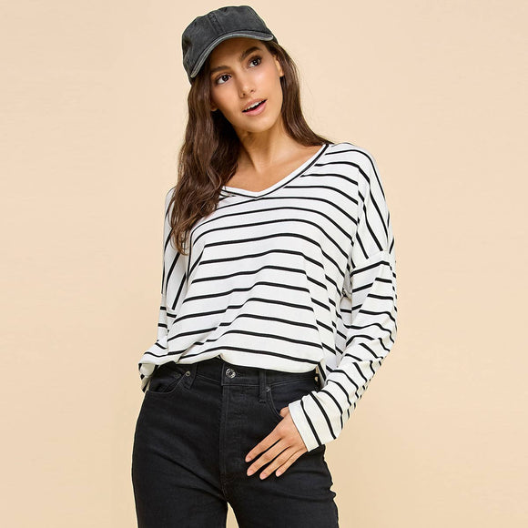 Women's Long Sleeve - Basic Striped Top with V Neck and Long Sleeves - Ivory - Cultured Cloths Apparel