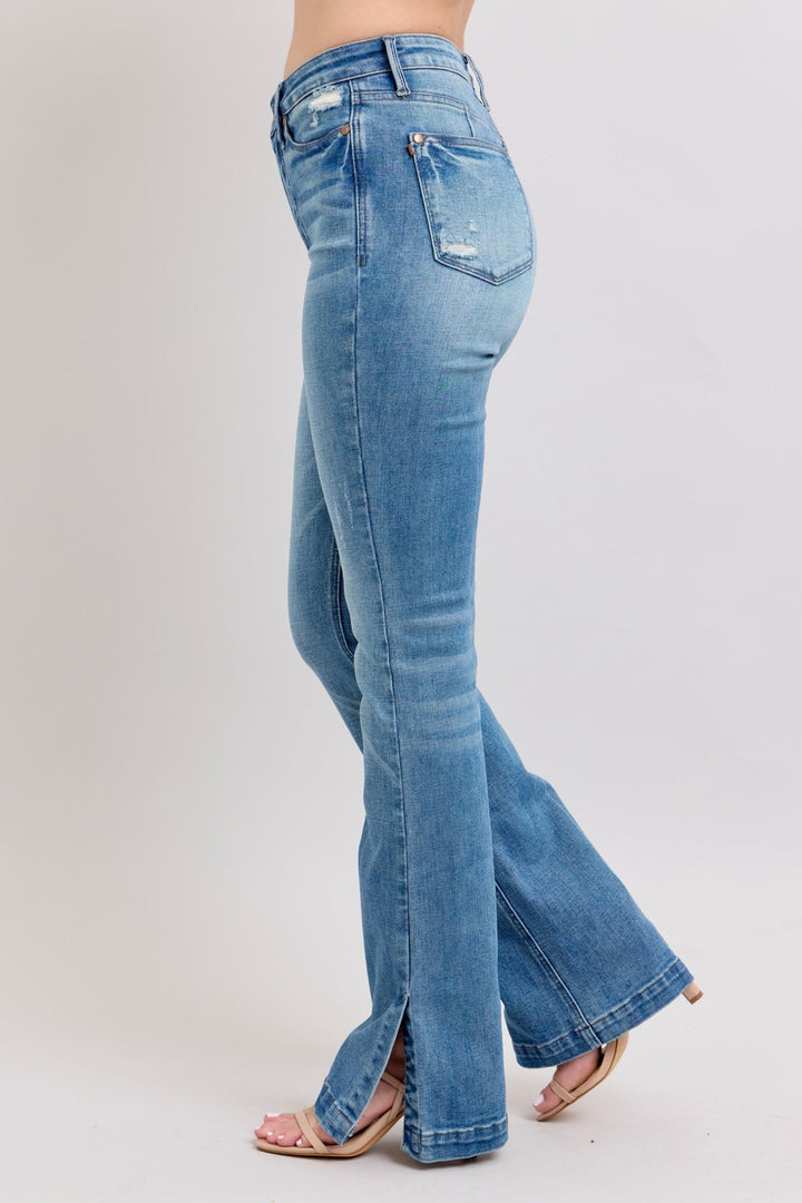 Denim - Judy Blue HW Tummy Control Vintage Wash Side Slit Slim Boot Jeans - - Cultured Cloths Apparel