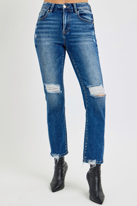 Denim - RISEN Full Size High Rise Distressed Crop Straight Jeans - Dark - Cultured Cloths Apparel