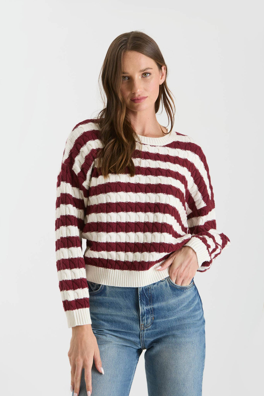 Women's Sweaters - STRIPE CREWNECK CABLE KNIT KNIT SWEATER -  - Cultured Cloths Apparel