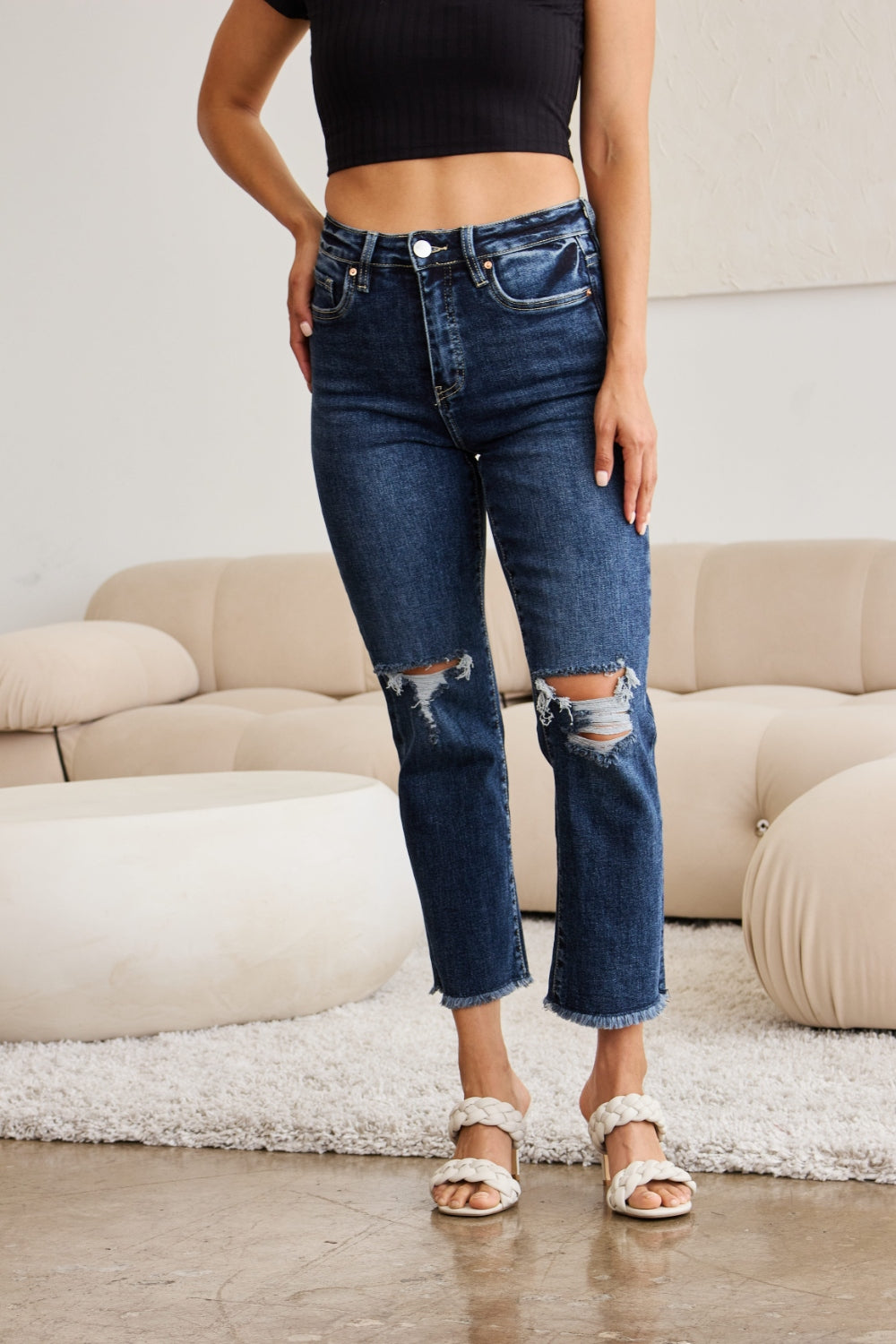 Denim - RFM Crop Dylan Full Size Tummy Control Distressed High Waist Raw Hem Jeans -  - Cultured Cloths Apparel