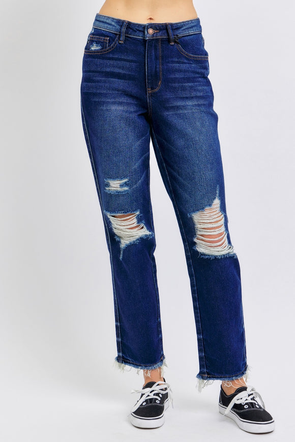 Denim - Judy Blue Full Size High Waist Rigid Magic Heavy Destroy Straight Jeans - Dark - Cultured Cloths Apparel