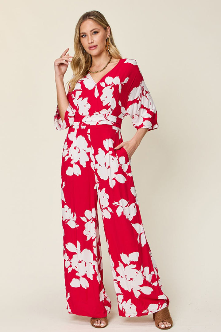 Women's Rompers - Double Take Full Size Printed Tie Back Wide Leg Jumpsuit - Deep Rose - Cultured Cloths Apparel