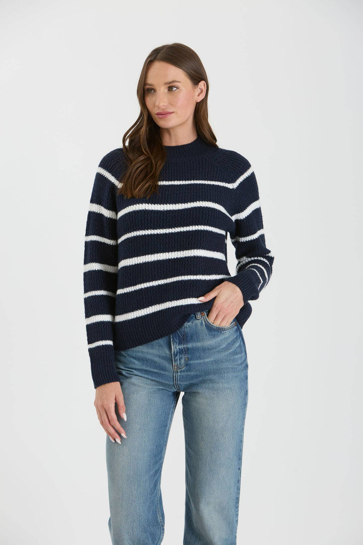 Women's Sweaters - STRIPE HIGH NECK KNIT PULLOVER SWEATER - NAVY - Cultured Cloths Apparel