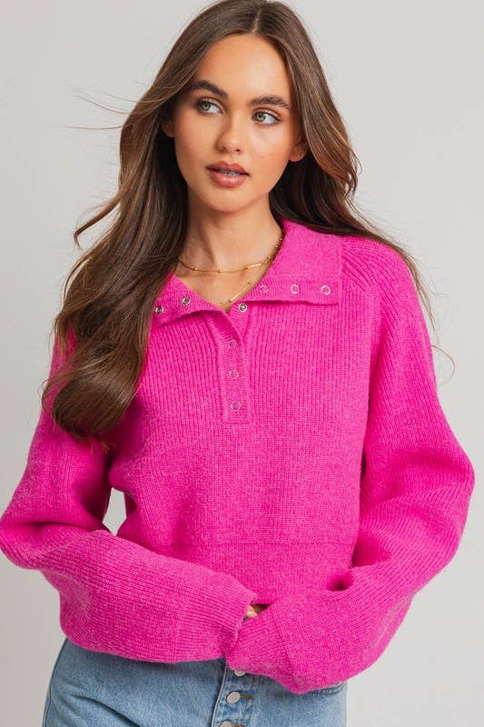 Women's Sweaters - Solid Cozy Ribbed Crop Sweater - Fuchsia - Cultured Cloths Apparel