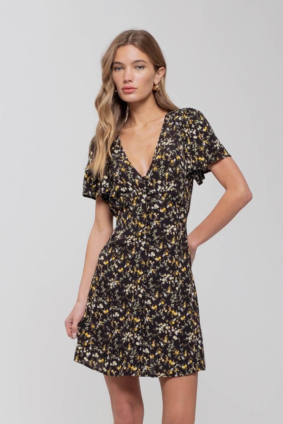 Women's Dresses - FLORAL V NECK BUTTON DOWN BACK TIE MINI DRESS -  - Cultured Cloths Apparel