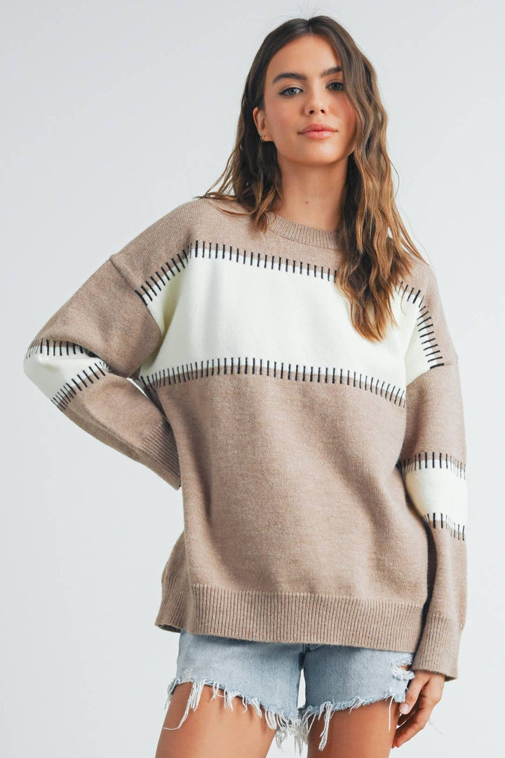 Women's Sweaters - COLOR BLOCK STRIPED CREW NECK SWEATER - - Cultured Cloths Apparel