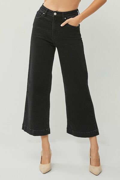 Denim - RISEN High Rise Wide Leg Ankle Jeans - Black - Cultured Cloths Apparel