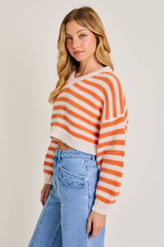 Women's Sweaters - Long Sleeve V-Neck Striped Cropped Sweater - - Cultured Cloths Apparel