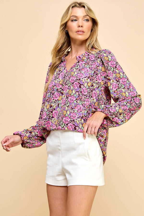 Women's Long Sleeve - Floral Printed Top with V Neck Detail -  - Cultured Cloths Apparel