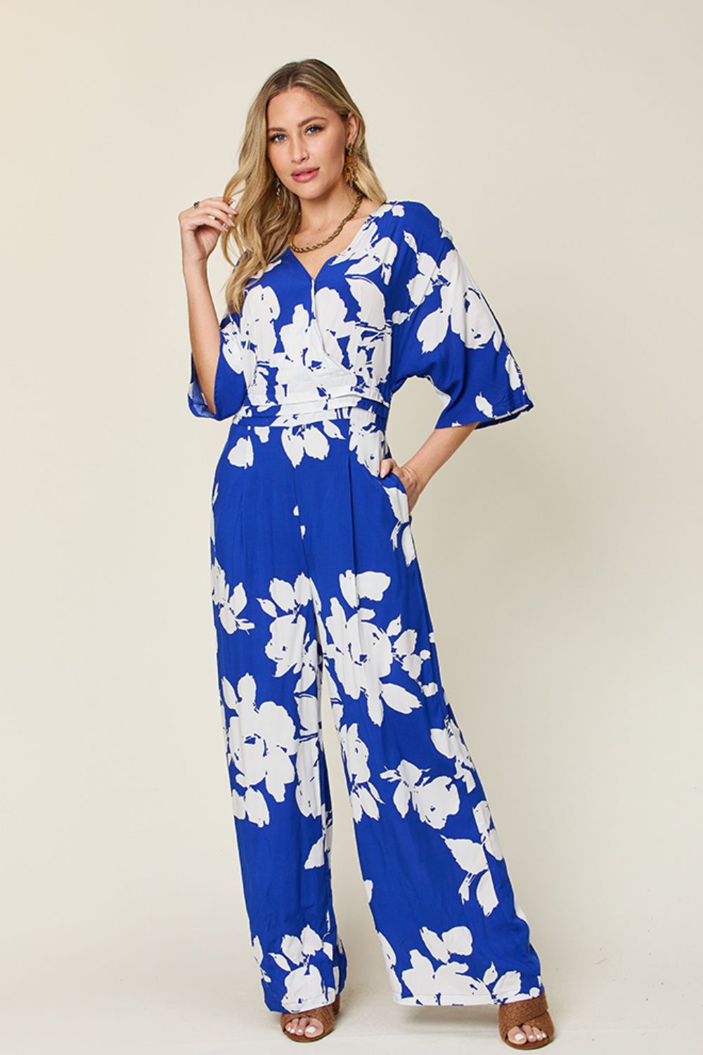 Women's Rompers - Double Take Full Size Printed Tie Back Wide Leg Jumpsuit - Royal  Blue - Cultured Cloths Apparel