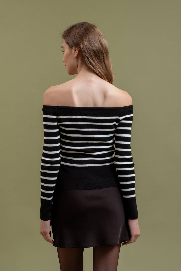 Women's Long Sleeve - STRIPE OFF THE SHOULDER LONG SLEEVE KNIT SWEATER -  - Cultured Cloths Apparel