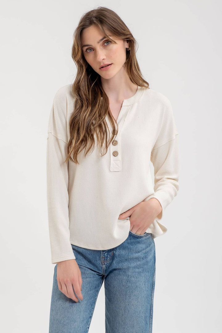 Women's Long Sleeve - HALF BUTTON V NECK LONG SLEEVE KNIT TOP - CREAM - Cultured Cloths Apparel