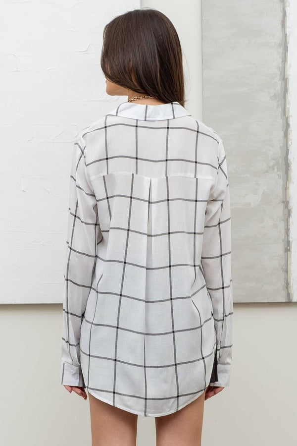 Women's Long Sleeve - GRID BUTTON UP WOVEN TOP - WHITE - Cultured Cloths Apparel