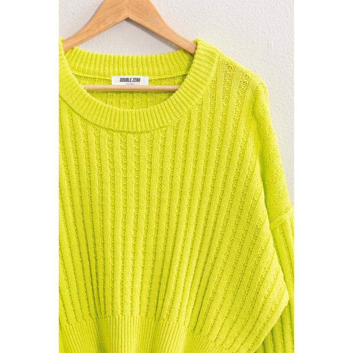 Women's Sweaters - CROPPED RIBBED LONG SLEEVE KNIT SWEATER - LIME - Cultured Cloths Apparel