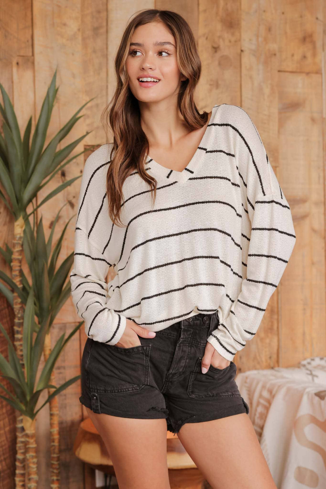 Women's Long Sleeve - STRIPE V NECK DROP SHOULDER LONG SLEEVE KNIT TOP - - Cultured Cloths Apparel