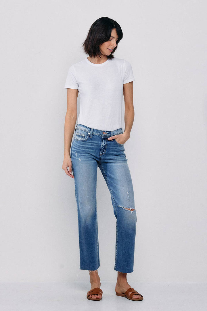 Denim - SNEAKPEEK MID RISE STRAIGHT JEANS WITH KNEE RIPS -  - Cultured Cloths Apparel