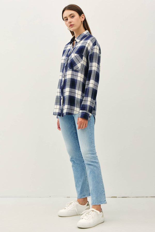 Women's Long Sleeve - NAVY PLAID FLANNEL LONG SLEEVE BUTTON DOWN SHIRT -  - Cultured Cloths Apparel