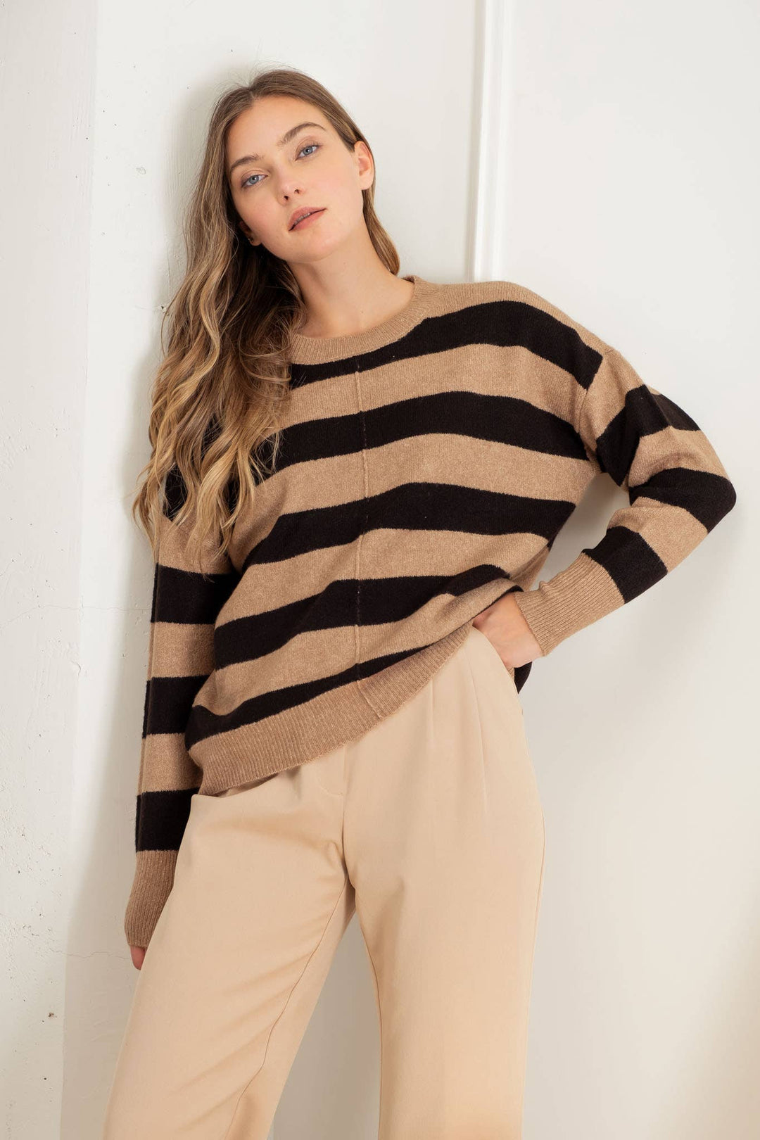 Women's Sweaters - STRIPE CREW LONG SLEEVE KNIT SWEATER -  - Cultured Cloths Apparel