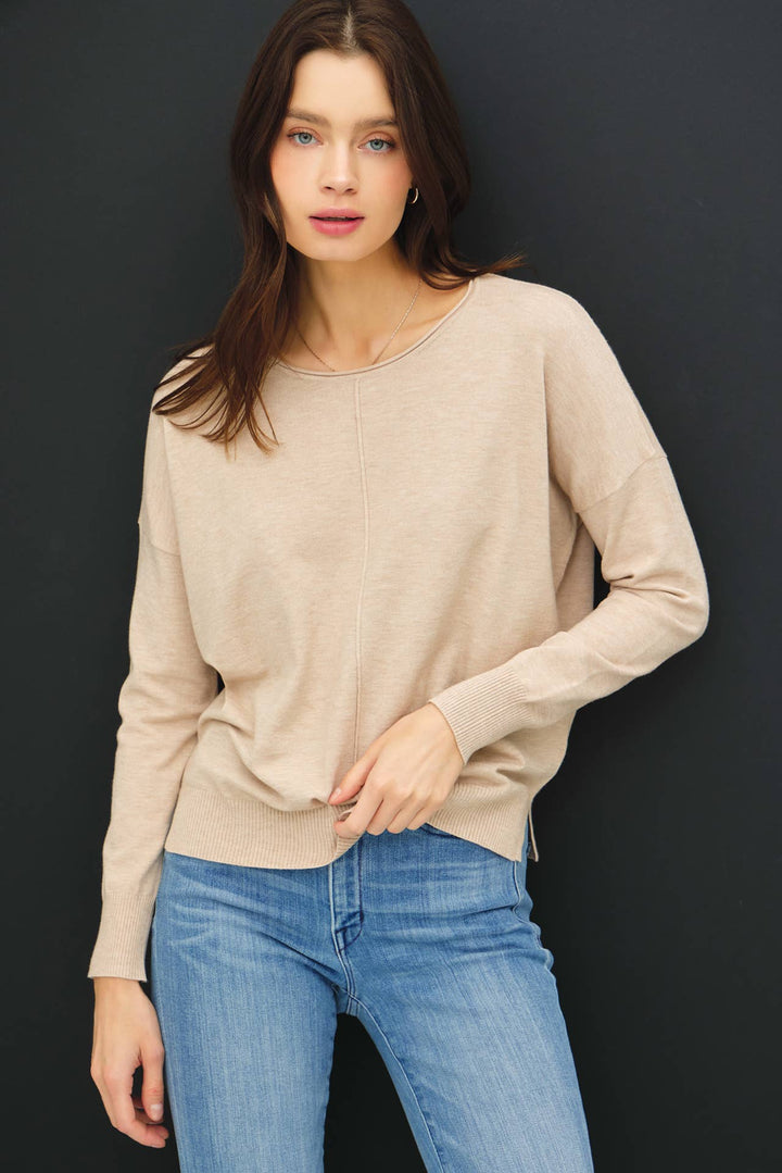 Women's Sweaters - CENTER FRONT SEAM LONG SLEEVE SWEATER - Oatmeal - Cultured Cloths Apparel