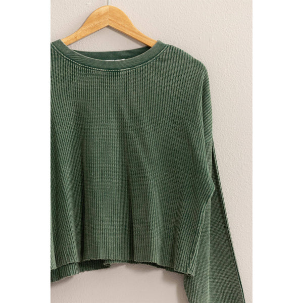 Women's Sweaters - RIBBED LONG SLEEVE CROP SWEATER - DARK GREEN - Cultured Cloths Apparel