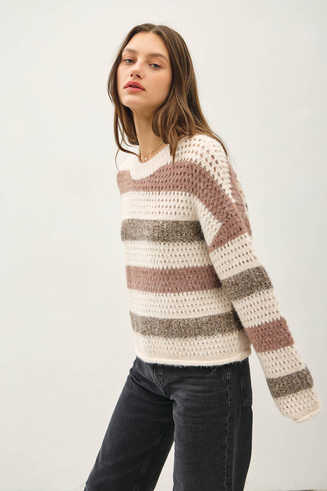 Women's Sweaters - CHUNKY CROCHET KNIT STRIPED SWEATER -  - Cultured Cloths Apparel