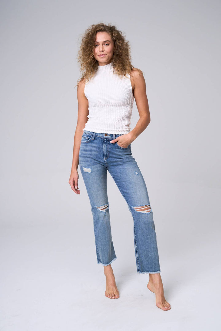 Denim - HIGH RISE STRAIGHT LEG ANKLE JEANS WITH FRAY HEM -  - Cultured Cloths Apparel