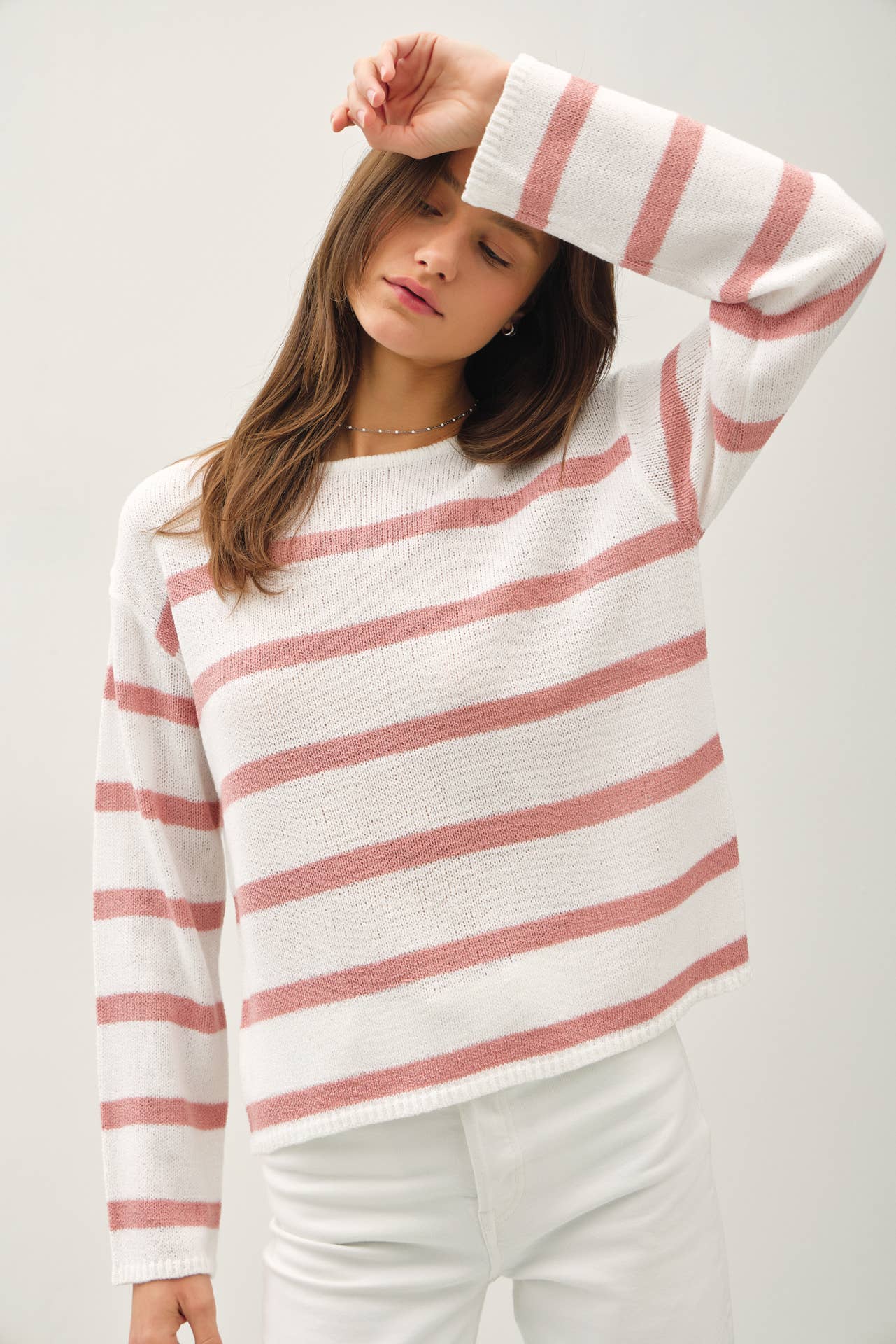 Women's Sweaters - STRIPED RELAXED FIT LONG SLEEVE SWEATER - Mauve - Cultured Cloths Apparel