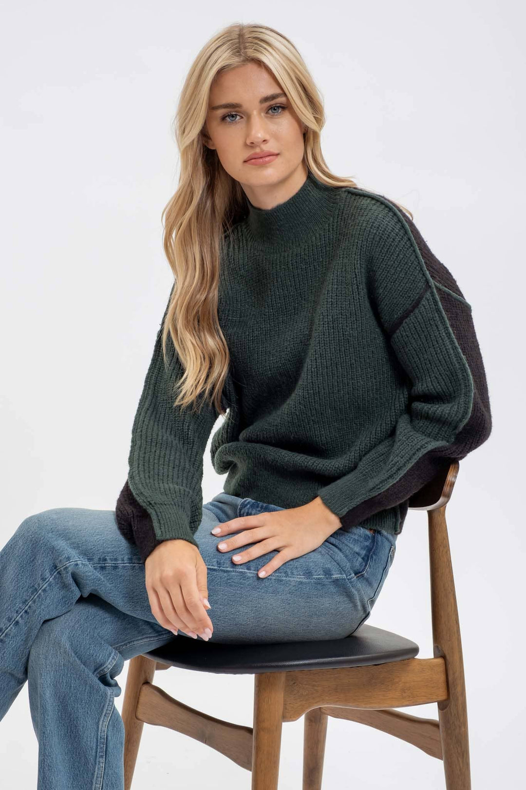 Women's Sweaters - COLORBLOCK MOCK NECK EXPOSED SEAM KNIT SWEATER -  - Cultured Cloths Apparel